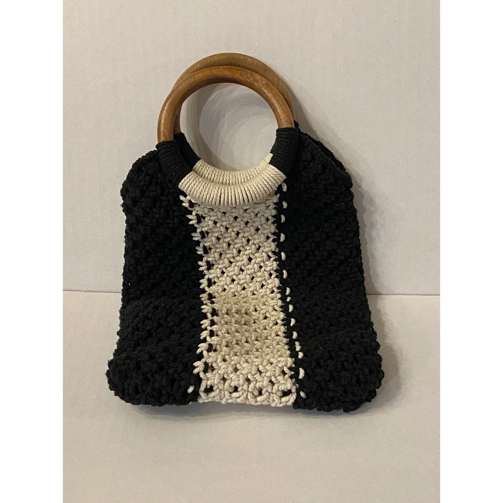 LAUDE‎ the Label Black Cream Mini Macrame Cotton Bag with Wooden Ring Handles